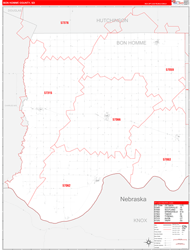 Bon Homme County, SD Wall Map Zip Code Red Line Style 2024